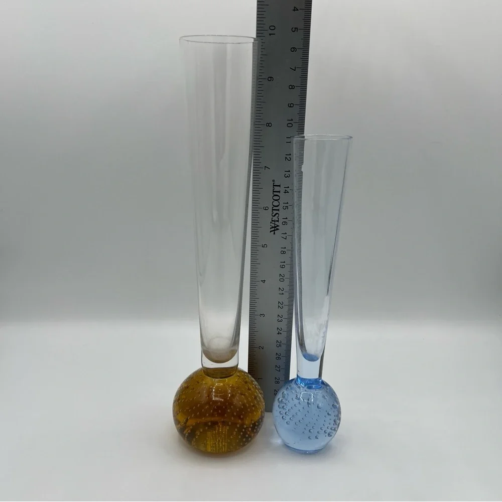 Elegant Controlled Bubble Art Glass Vase Set in Blue‎ and Amber with Flaws